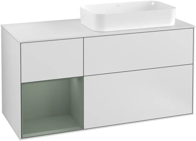 VILLEROY BOCH Toaletní skříňka Finion, s osvětlením, 3 výsuvy, 1200 x 603 x 501 mm, bílý matný lak / olivový matný lak / sklo bílé matné #F271GMMT