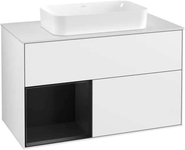 VILLEROY BOCH Umyvadlová skříňka Finion, s osvětlením, 2 výsuvy, 1000 x 603 x 501 mm, lesklý bílý lak / černý matný lak / bílé matné sklo #F241PDGF