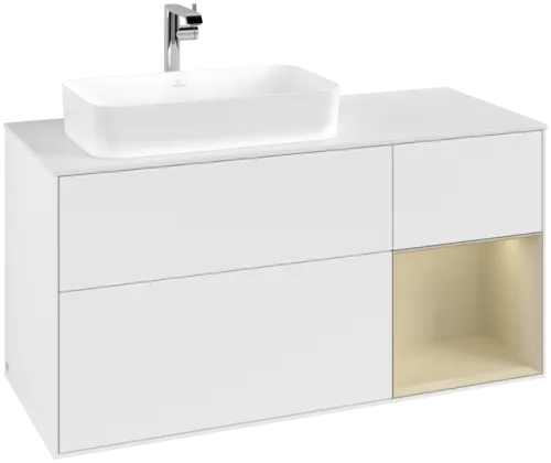 VILLEROY BOCH Toaletní skříňka Finion, s osvětlením, 3 výsuvy, 1200 x 603 x 501 mm, bílý matný lak / hedvábně šedý matný lak / bílé matné sklo #F281HJMT
