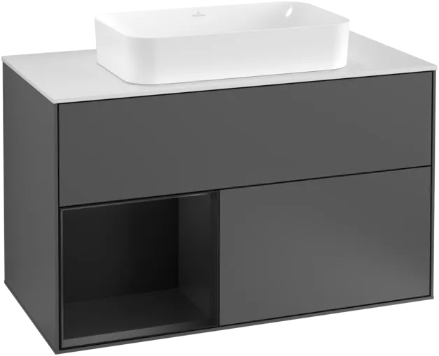 VILLEROY BOCH Toaletní skříňka Finion, s osvětlením, 2 výsuvy, 1000 x 603 x 501 mm, antracitový matný lak / černý matný lak / bílé matné sklo #F241PDGK