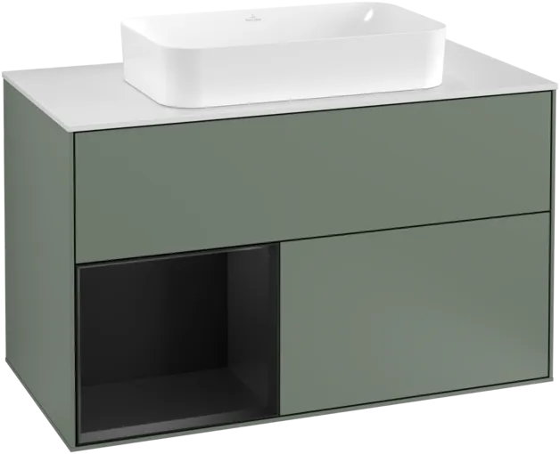 VILLEROY BOCH Toaletní skříňka Finion, s osvětlením, 2 výsuvy, 1000 x 603 x 501 mm, olivový matný lak / černý matný lak / bílé matné sklo #F241PDGM
