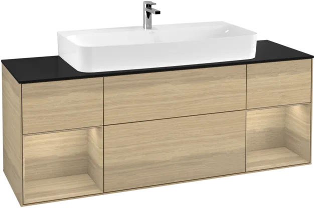 VILLEROY BOCH Toaletní stolek Finion, s osvětlením, 4 výsuvy, 1600 x 603 x 501 mm, dubová dýha / dubová dýha / sklo černé matné #F212PCPC