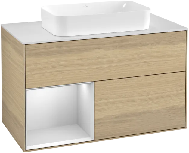 VILLEROY BOCH Toaletní skříňka Finion, s osvětlením, 2 výsuvy, 1000 x 603 x 501 mm, dubová dýha / bílý matný lak / sklo bílé matné #F241MTPC