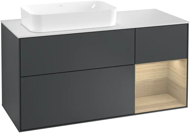 VILLEROY BOCH Toaletní skříňka Finion, s osvětlením, 3 výsuvy, 1200 x 603 x 501 mm, matný lak Midnight Blue / dubová dýha / matné bílé sklo #F281PCHG