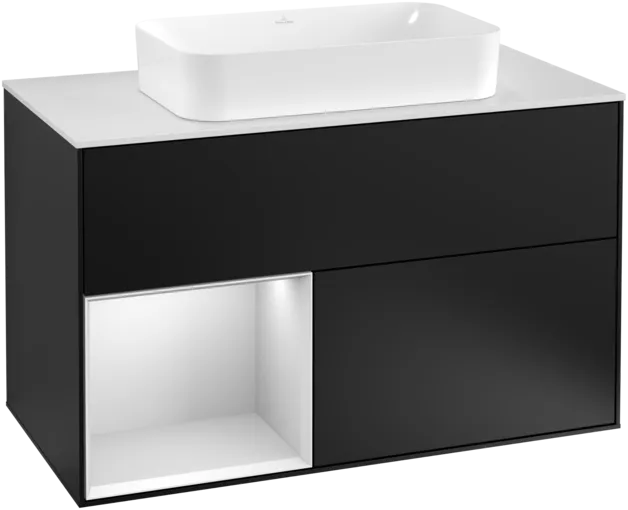 VILLEROY BOCH Toaletní skříňka Finion, s osvětlením, 2 výsuvy, 1000 x 603 x 501 mm, černý matný lak / bílý matný lak / bílé matné sklo #F241MTPD