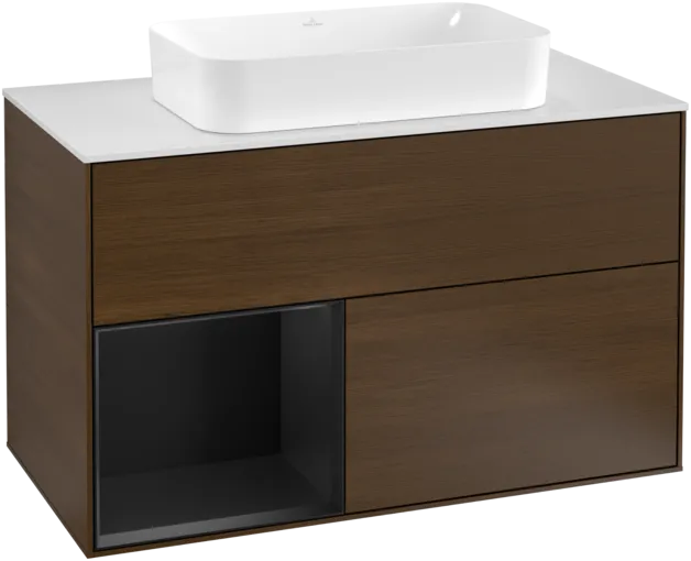 VILLEROY BOCH Toaletní stolek Finion, s osvětlením, 2 výsuvy, 1000 x 603 x 501 mm, ořechová dýha / černý matný lak / sklo bílé matné #F241PDGN