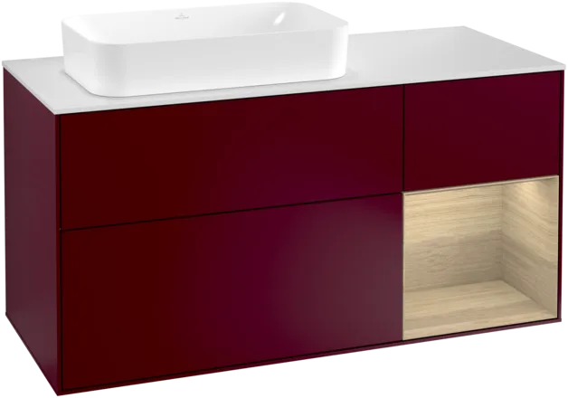 VILLEROY BOCH Toaletní skříňka Finion, s osvětlením, 3 výsuvy, 1200 x 603 x 501 mm, matný lak Peony / dubová dýha / bílé matné sklo #F281PCHB