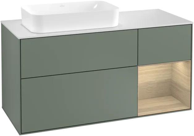 VILLEROY BOCH Toaletní skříňka Finion, s osvětlením, 3 výsuvy, 1200 x 603 x 501 mm, olivový matný lak / dubová dýha / sklo bílé matné #F281PCGM