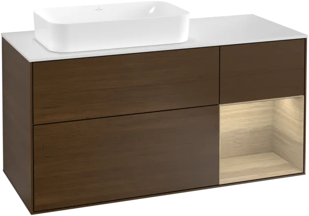 VILLEROY BOCH Toaletní skříňka Finion, s osvětlením, 3 výsuvy, 1200 x 603 x 501 mm, ořechová dýha / dubová dýha / sklo bílé matné #F281PCGN