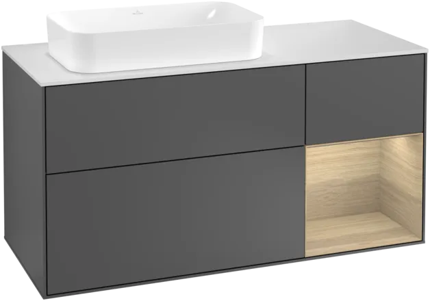 VILLEROY BOCH Toaletní skříňka Finion, s osvětlením, 3 výsuvy, 1200 x 603 x 501 mm, antracit matný lak / dubová dýha / sklo bílé matné #F281PCGK