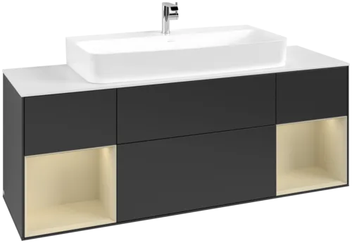 VILLEROY BOCH Toaletní skříňka Finion, s osvětlením, 4 výsuvy, 1600 x 603 x 501 mm, černý matný lak / hedvábně šedý matný lak / bílé matné sklo #F211HJPD