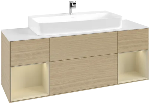 VILLEROY BOCH Toaletní skříňka Finion, s osvětlením, 4 výsuvy, 1600 x 603 x 501 mm, dubová dýha / hedvábně šedý matný lak / sklo bílé matné #F211HJPC