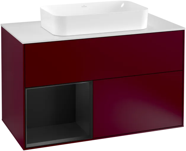 VILLEROY BOCH Toaletní skříňka Finion, s osvětlením, 2 výsuvy, 1000 x 603 x 501 mm, Pivoňka matný lak / Černý matný lak / Sklo bílé matné #F241PDHB