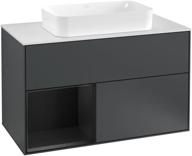 VILLEROY BOCH Toaletní skříňka Finion, s osvětlením, 2 výsuvy, 1000 x 603 x 501 mm, Midnight Blue Matt Lacquer / Black Matt Lacquer / Glass White Matt #F241PDHG