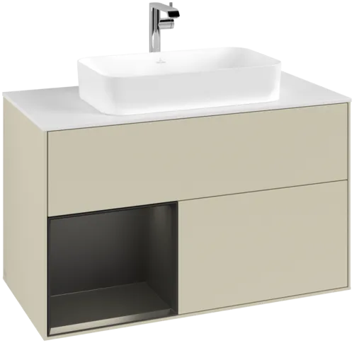 VILLEROY BOCH Toaletní skříňka Finion, s osvětlením, 2 výsuvy, 1000 x 603 x 501 mm, hedvábně šedý matný lak / černý matný lak / bílé matné sklo #F241PDHJ
