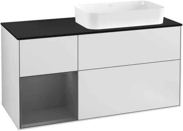 VILLEROY BOCH Toaletní skříňka Finion, s osvětlením, 3 výsuvy, 1200 x 603 x 501 mm, bílý matný lak / antracitový matný lak / černé matné sklo #F272GKMT