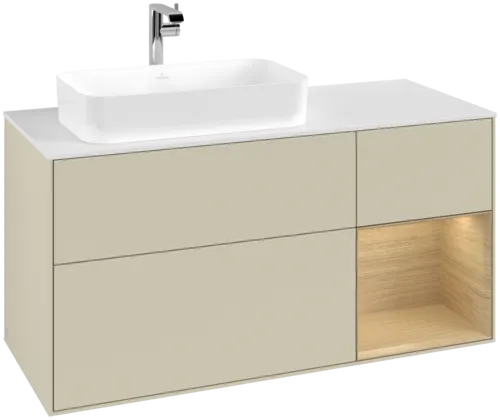 VILLEROY BOCH Toaletní skříňka Finion, s osvětlením, 3 výsuvy, 1200 x 603 x 501 mm, hedvábně šedý matný lak / dubová dýha / bílé matné sklo #F281PCHJ