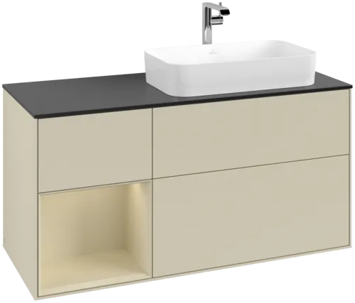 VILLEROY BOCH Toaletní skříňka Finion, s osvětlením, 3 výsuvy, 1200 x 603 x 501 mm, Silk Grey Matt Lacquer / Silk Grey Matt Lacquer / Glass Black Matt #F272HJHJ