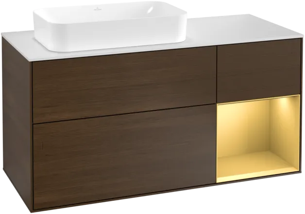 VILLEROY BOCH Toaletní skříňka Finion, s osvětlením, 3 výsuvy, 1200 x 603 x 501 mm, ořechová dýha / zlatý matný lak / sklo bílé matné #F281HFGN