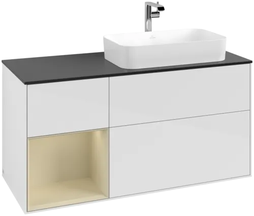 VILLEROY BOCH Toaletní skříňka Finion, s osvětlením, 3 výsuvy, 1200 x 603 x 501 mm, lesklý bílý lak / hedvábně šedý matný lak / černé matné sklo #F272HJGF