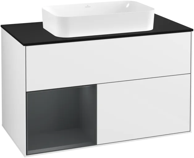 VILLEROY BOCH Toaletní skříňka Finion, s osvětlením, 2 výsuvy, 1000 x 603 x 501 mm, lesklý bílý lak / půlnoční modrý matný lak / černé matné sklo #F242HGGF
