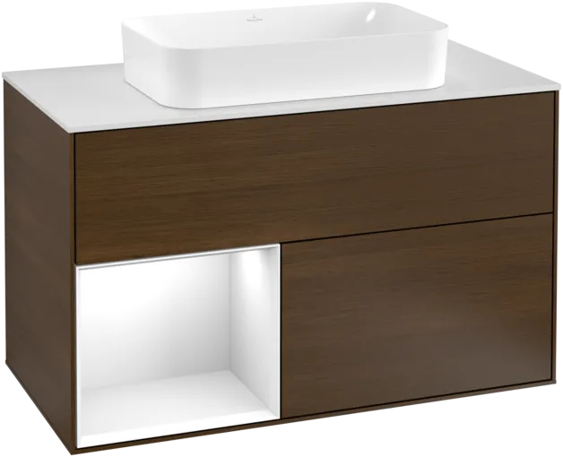 VILLEROY BOCH Toaletní stolek Finion, s osvětlením, 2 výsuvy, 1000 x 603 x 501 mm, ořechová dýha / lesklý bílý lak / sklo bílé matné #F241GFGN