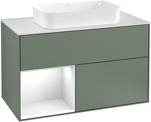 VILLEROY BOCH Toaletní skříňka Finion, s osvětlením, 2 výsuvy, 1000 x 603 x 501 mm, olivový matný lak / lesklý bílý lak / sklo bílé matné #F241GFGM