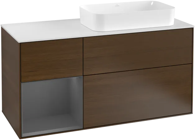 VILLEROY BOCH Toaletní skříňka Finion, s osvětlením, 3 výsuvy, 1200 x 603 x 501 mm, ořechová dýha / antracitový matný lak / bílé matné sklo #F271GKGN