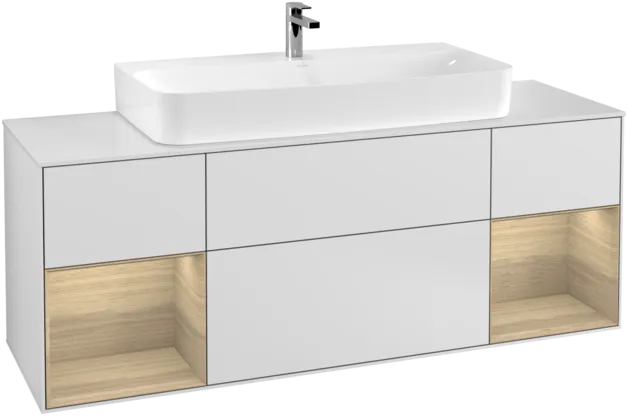 VILLEROY BOCH Toaletní skříňka Finion, s osvětlením, 4 výsuvy, 1600 x 603 x 501 mm, bílý matný lak / dubová dýha / sklo bílé matné #F211PCMT