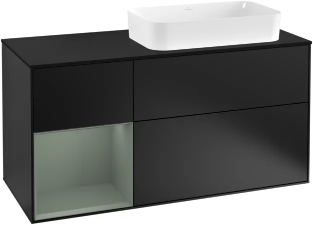 VILLEROY BOCH Toaletní skříňka Finion, s osvětlením, 3 výsuvy, 1200 x 603 x 501 mm, černý matný lak / olivový matný lak / černé matné sklo #F272GMPD