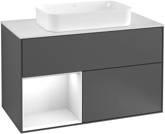 VILLEROY BOCH Toaletní skříňka Finion, s osvětlením, 2 výsuvy, 1000 x 603 x 501 mm, antracit matný lak / lesklý bílý lak / sklo bílé matné #F241GFGK