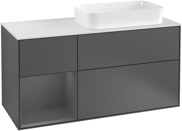 VILLEROY BOCH Toaletní skříňka Finion, s osvětlením, 3 výsuvy, 1200 x 603 x 501 mm, antracit matný lak / antracit matný lak / sklo bílé matné #F271GKGK
