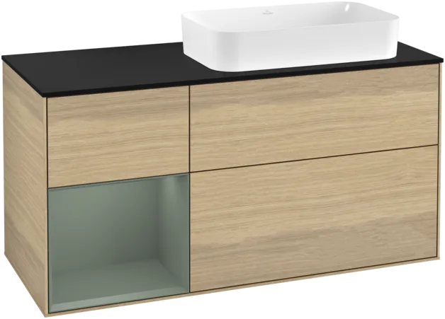 VILLEROY BOCH Toaletní skříňka Finion, s osvětlením, 3 výsuvy, 1200 x 603 x 501 mm, dubová dýha / olivově matný lak / sklo černé matné #F272GMPC