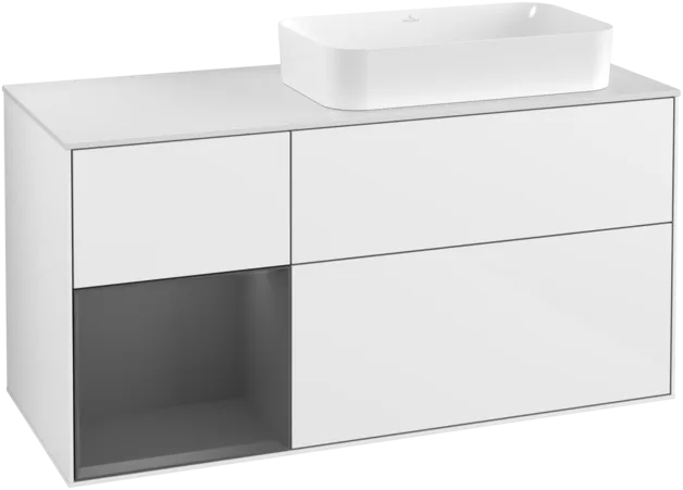 VILLEROY BOCH Toaletní skříňka Finion, s osvětlením, 3 výsuvy, 1200 x 603 x 501 mm, lesklý bílý lak / antracitový matný lak / bílé matné sklo #F271GKGF