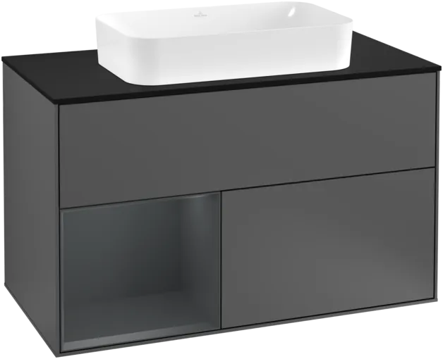 VILLEROY BOCH Toaletní skříňka Finion, s osvětlením, 2 výsuvy, 1000 x 603 x 501 mm, antracitový matný lak / půlnoční modrý matný lak / černé matné sklo #F242HGGK