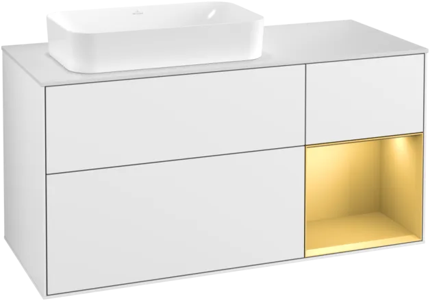 VILLEROY BOCH Toaletní skříňka Finion, s osvětlením, 3 výsuvy, 1200 x 603 x 501 mm, lesklý bílý lak / zlatý matný lak / bílé matné sklo #F281HFGF
