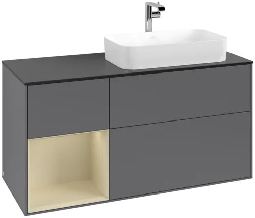 VILLEROY BOCH Toaletní skříňka Finion, s osvětlením, 3 výsuvy, 1200 x 603 x 501 mm, antracitový matný lak / hedvábně šedý matný lak / černé matné sklo #F272HJGK