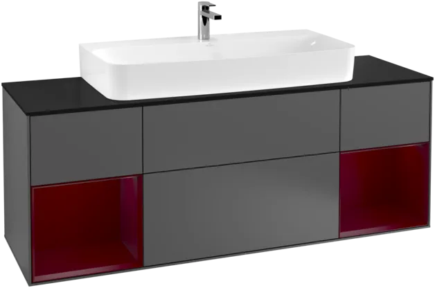 VILLEROY BOCH Toaletní skříňka Finion, s osvětlením, 4 výsuvy, 1600 x 603 x 501 mm, antracitový matný lak / pivoňkový matný lak / černé matné sklo #F212HBGK