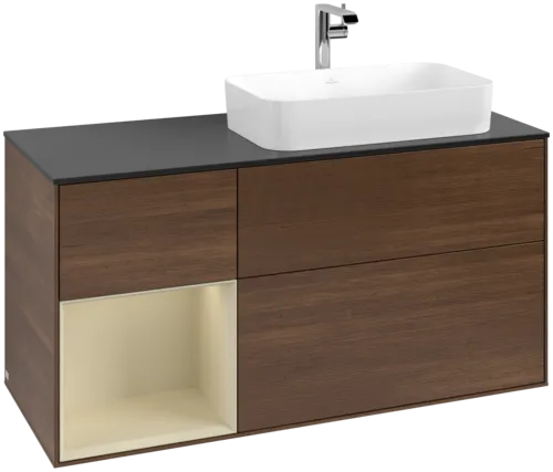 VILLEROY BOCH Toaletní skříňka Finion, s osvětlením, 3 výsuvy, 1200 x 603 x 501 mm, ořechová dýha / hedvábně šedý matný lak / sklo černé matné #F272HJGN