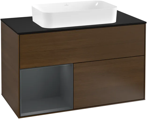 VILLEROY BOCH Toaletní skříňka Finion, s osvětlením, 2 výsuvy, 1000 x 603 x 501 mm, ořechová dýha / půlnočně modrý matný lak / černé matné sklo #F242HGGN