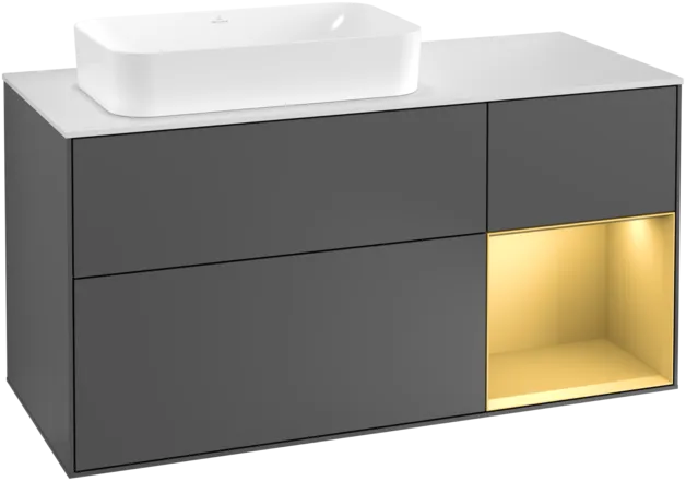 VILLEROY BOCH Toaletní skříňka Finion, s osvětlením, 3 výsuvy, 1200 x 603 x 501 mm, antracitový matný lak / zlatý matný lak / bílé matné sklo #F281HFGK