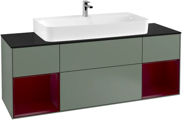 VILLEROY BOCH Toaletní skříňka Finion, s osvětlením, 4 výsuvy, 1600 x 603 x 501 mm, olivový matný lak / pivoňkový matný lak / černé matné sklo #F212HBGM