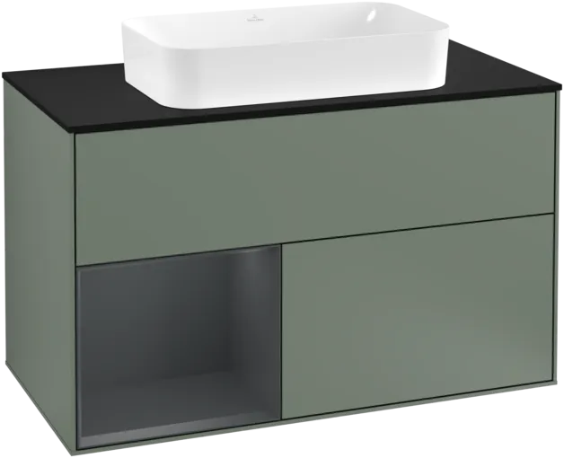 VILLEROY BOCH Toaletní skříňka Finion, s osvětlením, 2 výsuvy, 1000 x 603 x 501 mm, olivový matný lak / půlnoční modrý matný lak / černé matné sklo #F242HGGM