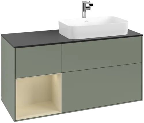 VILLEROY BOCH Toaletní skříňka Finion, s osvětlením, 3 výsuvy, 1200 x 603 x 501 mm, olivový matný lak / hedvábně šedý matný lak / černé matné sklo #F272HJGM