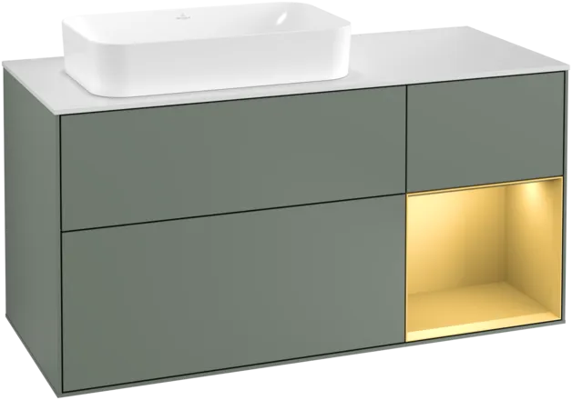VILLEROY BOCH Toaletní skříňka Finion, s osvětlením, 3 výsuvy, 1200 x 603 x 501 mm, olivový matný lak / zlatý matný lak / bílé matné sklo #F281HFGM
