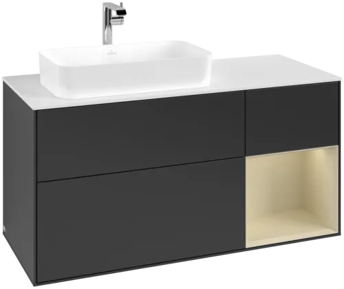 VILLEROY BOCH Toaletní skříňka Finion, s osvětlením, 3 výsuvy, 1200 x 603 x 501 mm, černý matný lak / hedvábně šedý matný lak / bílé matné sklo #F281HJPD