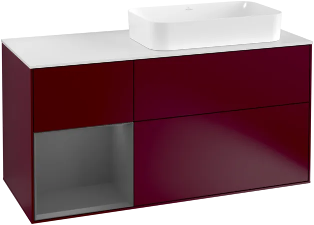 VILLEROY BOCH Toaletní skříňka Finion, s osvětlením, 3 výsuvy, 1200 x 603 x 501 mm, matný lak Pivoňka / matný lak Antracit / matné sklo Bílá #F271GKHB