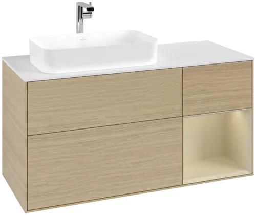 VILLEROY BOCH Toaletní skříňka Finion, s osvětlením, 3 výsuvy, 1200 x 603 x 501 mm, dubová dýha / hedvábně šedý matný lak / sklo bílé matné #F281HJPC