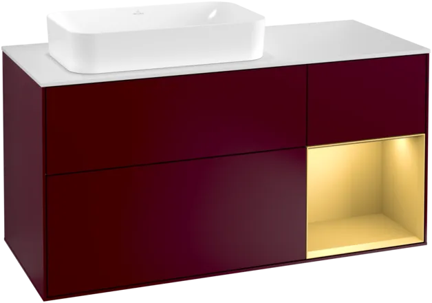 VILLEROY BOCH Toaletní skříňka Finion, s osvětlením, 3 výsuvy, 1200 x 603 x 501 mm, Peony Matt Lacquer / Gold Matt Lacquer / Glass White Matt #F281HFHB