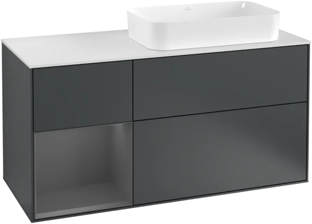 VILLEROY BOCH Toaletní skříňka Finion, s osvětlením, 3 výsuvy, 1200 x 603 x 501 mm, Midnight Blue Matt Lacquer / Anthracite Matt Lacquer / Glass White Matt #F271GKHG